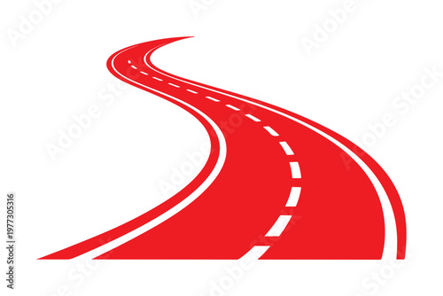 Winding road illustration with dashed lines and perspective silhouette