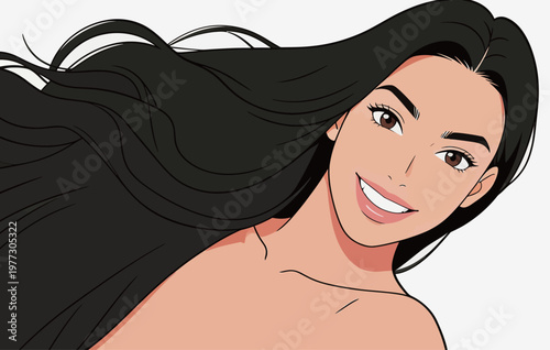 Smiling Woman with Long Black Hair Illustration