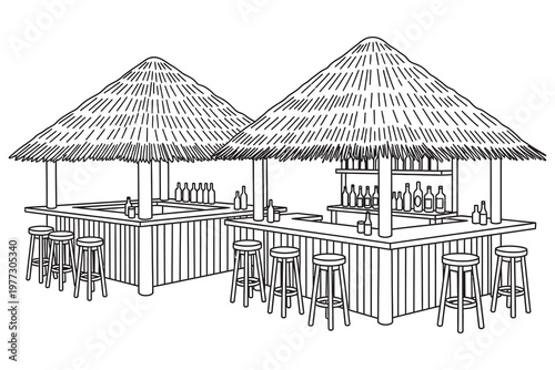 Black and white illustration of a tiki bar with thatched roofs and seating