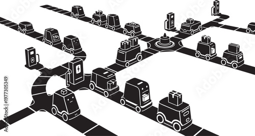 Black and white city traffic, road infrastructure, vehicles, urban planning icons, set of 25