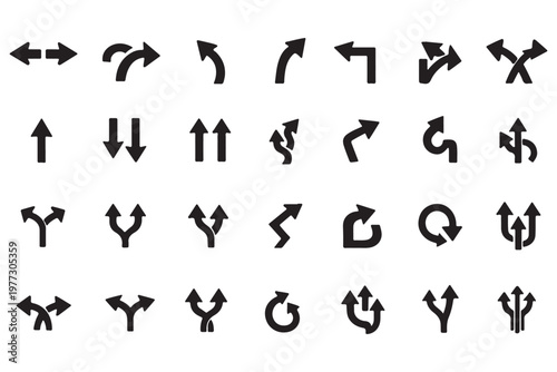 Road traffic direction arrows flat set. You-turn, left, right, two way, three way transportation direction arrow symbol. decision icon vector