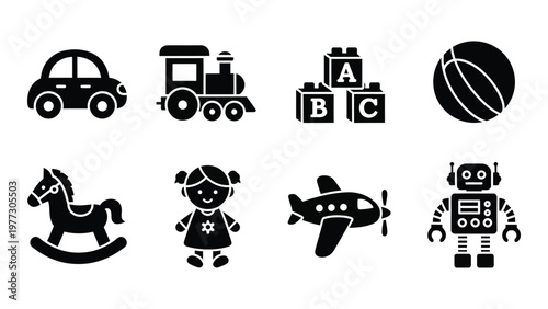 A collection of black silhouette icons depicting various childhood toys including cars trains blocks and a robot high quality professional detailed