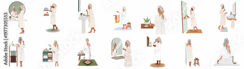Comprehensive set of flat illustrations depicting women in bathrobes engaging in diverse facial skincare routines and self-care practices.