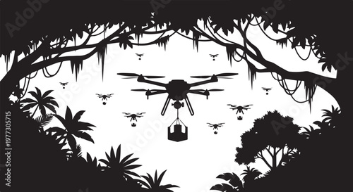 Drone, aerial, silhouette, jungle, black and white, vector illustration, 1 element