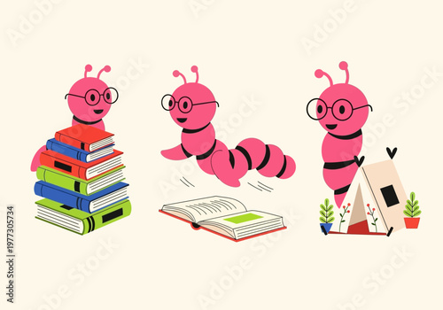 Cute Pink Bookworm Character Set with Glasses and Books for Children's Education and Literacy
