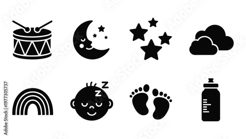A collection of black silhouette icons representing baby related themes including sleep dreams and childhood elements high quality professional detailed modern