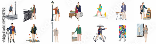 Minimalist illustrations of fashionable men and women in diverse urban life scenes, featuring stylish clothing and accessories in a flat design style.