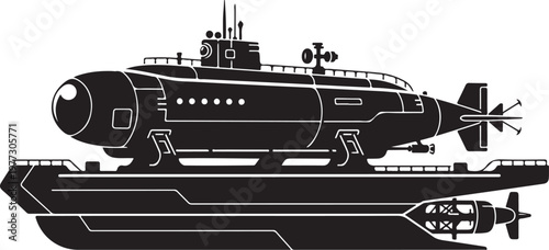 Black submarine, military submarine, naval vessel, vector illustration
