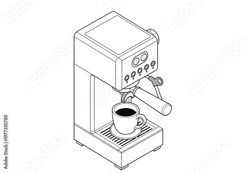 Isometric Line Art Illustration of an Espresso Machine with Coffee Cup - Professional Home Coffee Maker Vector Outline