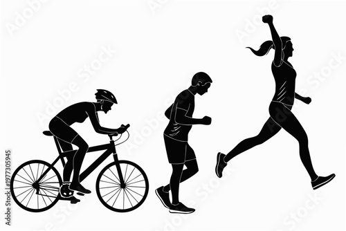 A black silhouette vector graphic of three athletes engaging in different sports on a white background