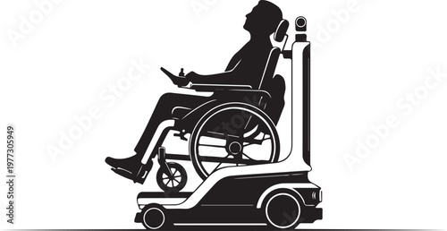Black silhouette of a disabled person in electric wheelchair, accessibility symbol, vector icon, disability awareness