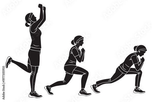 A vector graphic illustration of a woman performing a series of lunges with dumbbells in a fitness routine