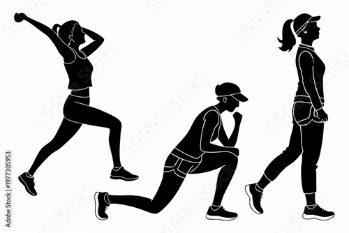 A vector graphic illustration of three women in various fitness poses, showcasing exercise and athleticism in a modern flat design style.