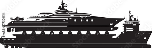 Luxury yacht, mega yacht, boat, ship, vessel, black silhouette, vector illustration, nautical, maritime, transportation