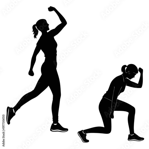 A vector graphic illustration of a woman in two different exercise poses, showcasing fitness and athleticism in a minimalist style.