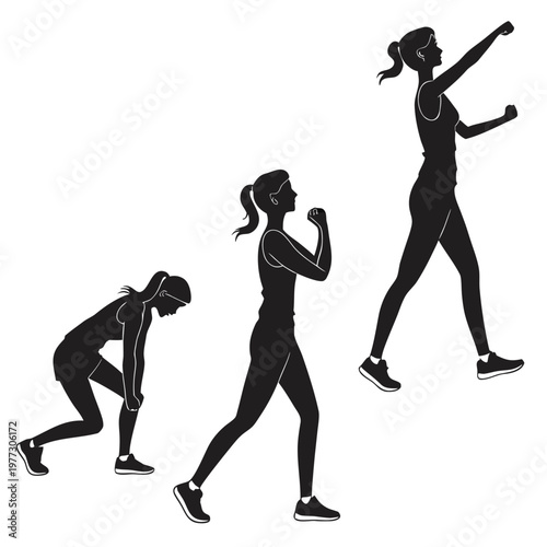A vector graphic illustration of a woman in three different exercise poses, showcasing fitness and athleticism in a modern and dynamic design