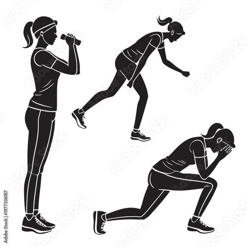 A black and white vector graphic illustration of a woman performing various fitness exercises