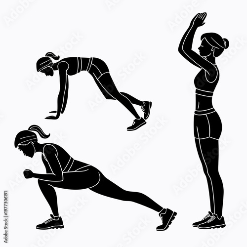 A vector graphic illustration of a woman performing various fitness exercises in a minimalist black silhouette style