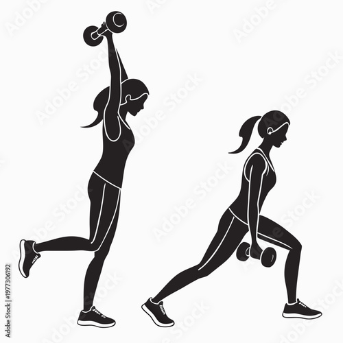 A vector graphic illustration of two women exercising with dumbbells in a fitness routine