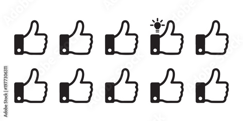 Collection of diverse thumbs up icons in black and white, signifying positive affirmation, agreement, and good ideas.