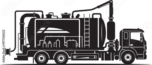 Black, industrial vacuum truck, waste management vehicle, suction tanker