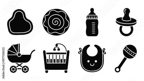 A collection of black silhouette icons depicting baby items including bottles a pacifier crib and stroller high quality professional detailed modern