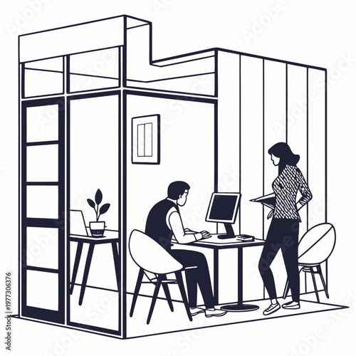 A minimalist vector illustration of a man and woman working together in a modern office cubicle with a computer and laptop