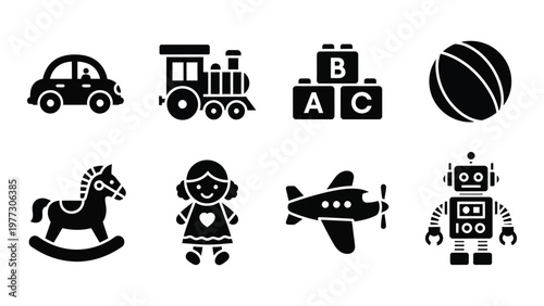 A collection of simple black silhouette icons depicting various childhood toys including a car train and robot high quality professional detailed