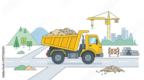 Yellow Dump Truck Illustration on Construction Site with Crane and City Skyline
