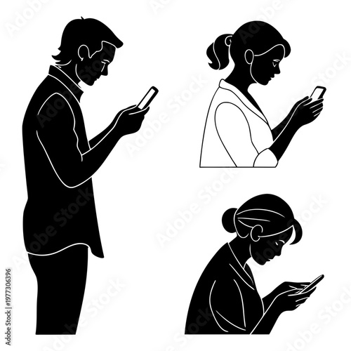 A vector graphic illustration of three silhouetted people using their mobile phones in a minimalist flat design style