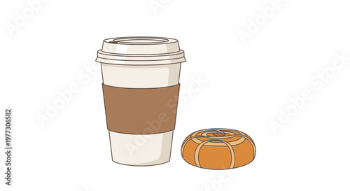 Coffee cup and cinnamon roll isolated on white background flat design