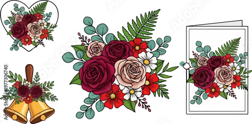 Burgundy floral wedding vector set, elegant rose bouquet with eucalyptus and fern, romantic flower arrangements for greeting cards and invitations