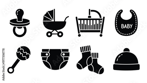A collection of black silhouette icons depicting essential baby items including a pacifier stroller and bib high quality professional detailed modern