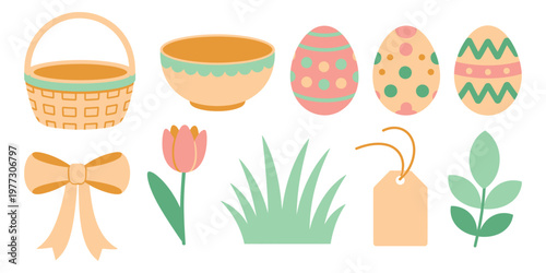 Traditional Easter basket elements flat vector pack with pastel peach mint woven baskets curved handle oval basket decorated eggs polka dots stripes silk bow tulip spring grass gift tag leaf.