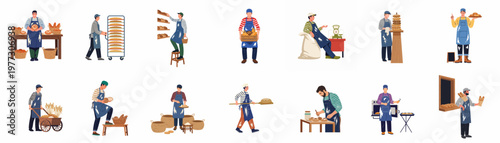 Collection of male baker characters in flat vector style illustrating various stages of bread making, baking, and selling in a bakery.