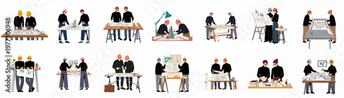 Foto Collection of Illustrations Showing Architect and Engineer Teams Collaborating on Architectural Blueprints and Models for Various Construction and Urban Planning Projects