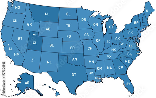 Blue United States map with state borders and letter abbreviations, professional USA vector infographic, administrative US map for data visualization