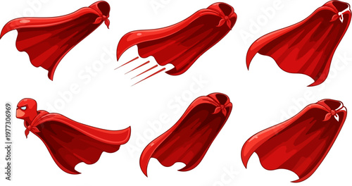 Red superhero cape vector set, flying hero mantle in motion, collection of 6 flowing crimson cloaks for character design and animation