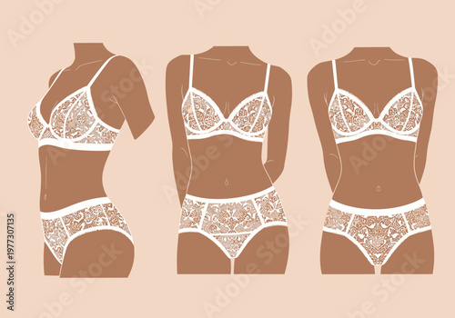 Minimalist Vector Illustration of Women in Elegant White Lace Lingerie Set; Three Views of Bra and Panties on Tan Skin for Fashion Design and Body Positivity