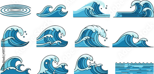 Stylized ocean wave icons set, blue sea water ripples and crashing surf vectors, 11 nautical tide elements for summer beach branding and logo design