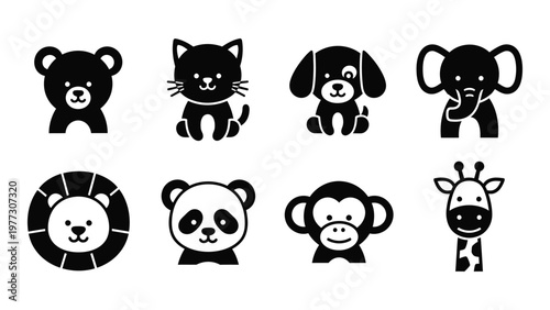 A collection of eight black silhouette animal icons featuring a bear cat dog elephant lion panda monkey and giraffe high quality