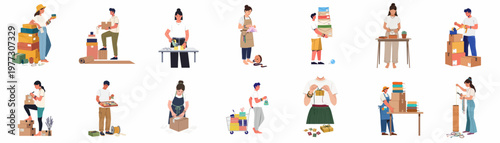 Flat Illustration Set of Diverse People Managing Small Business Logistics, Packing Parcels, and Preparing Orders for Shipping and Delivery