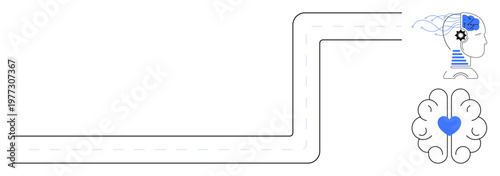 Psychology, mental health, emotional wellness, brain science, cognitive processes, therapy. a pathway, brain with heart and head with gears. Mental health and emotional wellness concept