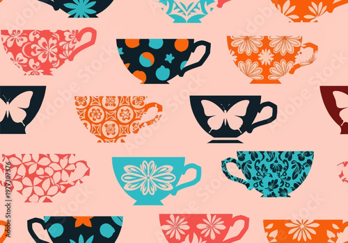 Seamless Vintage Teacup Pattern with Colorful Floral and Butterfly Designs in Mid-Century Modern Style