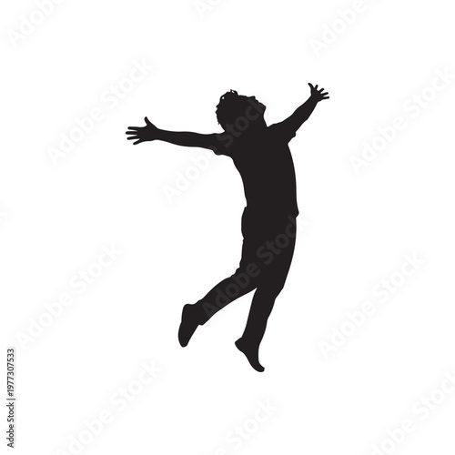 Silhouette of a single person jumping with arms outstretched upwards in a dynamic pose of joy, freedom, or