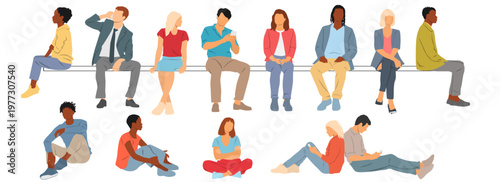 Collection of images people, men, women and teenagers sitting on bench, talking on a smartphone, vector, different colors, cartoon character, silhouettes, design concept flat icon, isolated on white