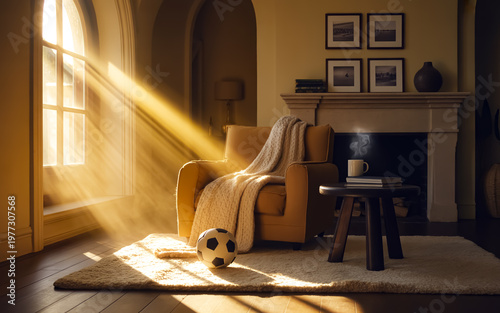 Warm Sunlight in a Cozy Living Room with Armchair and Soccer Ball