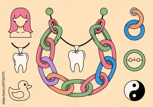 Alternative Jewelry Illustration Set with Tooth Pendant, Colorful Chain Necklace, Pink Hair Girl Avatar, and Subculture Icons