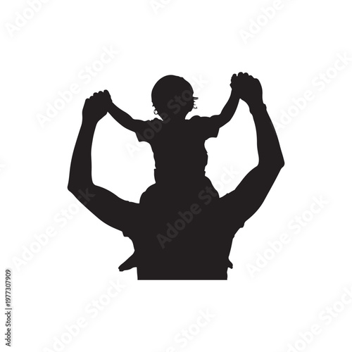 Silhouette of child on shoulders of with arms raised black and white
