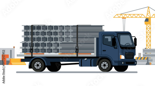 Flatbed Truck Transporting Industrial Steel I-Beams Vector Illustration